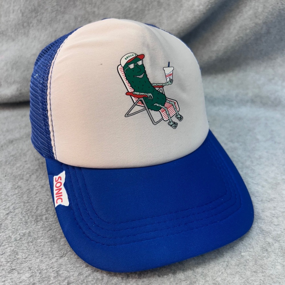 Sonic Grillo's Pickle Mascot Mens Blue Trucker Hat Snapback Mesh Cap OSFM